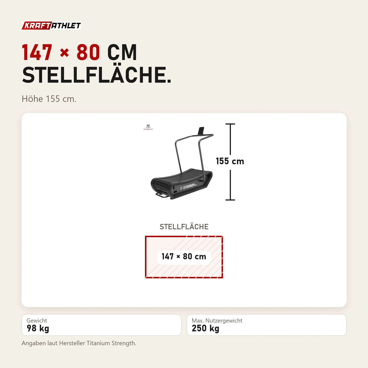 Maßbild Titanium Strength Curved Laufband CX: Stellfläche 147 × 80 cm, Höhe 155 cm
