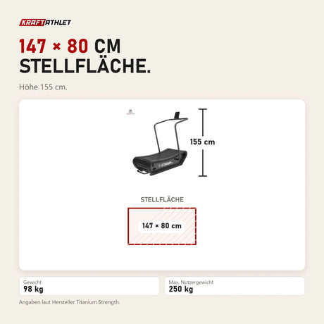 Maßbild Titanium Strength Curved Laufband CX: Stellfläche 147 × 80 cm, Höhe 155 cm