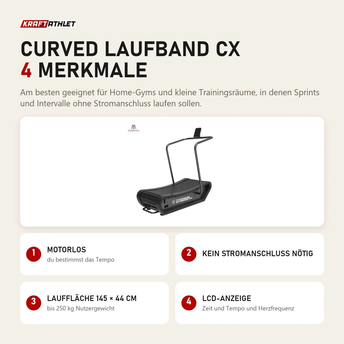 Titanium Strength Curved Laufband CX mit 4 Merkmalen: Motorlos, Kein Stromanschluss nötig, Lauffläche 145 × 44 cm, LCD-Anzeige