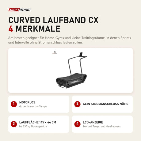 Titanium Strength Curved Laufband CX mit 4 Merkmalen: Motorlos, Kein Stromanschluss nötig, Lauffläche 145 × 44 cm, LCD-Anzeige