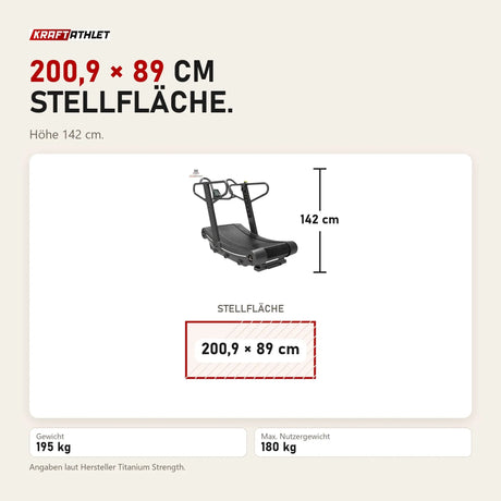 Maßbild Titanium Strength Curved RS Laufband: Stellfläche 200,9 × 89 cm, Höhe 142 cm