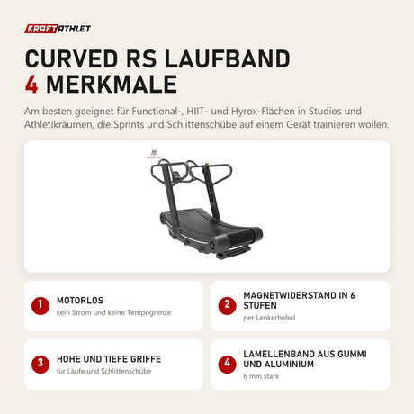 Titanium Strength Curved RS Laufband mit 4 Merkmalen: Motorlos, Magnetwiderstand in 6 Stufen, Hohe und tiefe Griffe, Lamellenband aus Gummi und Aluminium