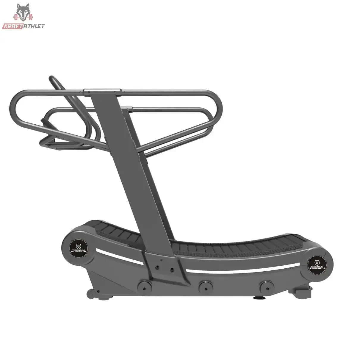 Titanium Strength Curved RS Laufband in Seitenansicht mit geschwungener Lauffläche und Haltebügeln in Grau