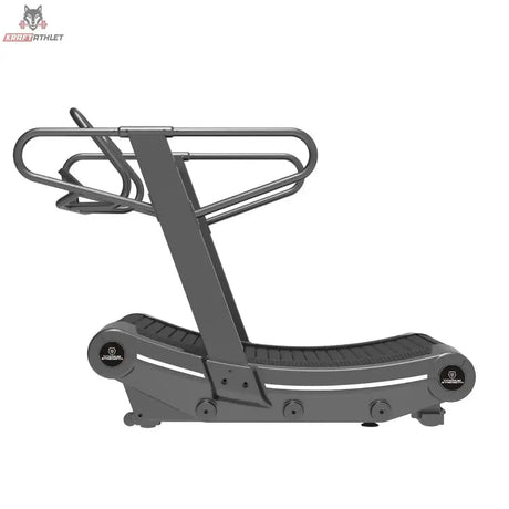 Titanium Strength Curved RS Laufband in Seitenansicht mit geschwungener Lauffläche und Haltebügeln in Grau