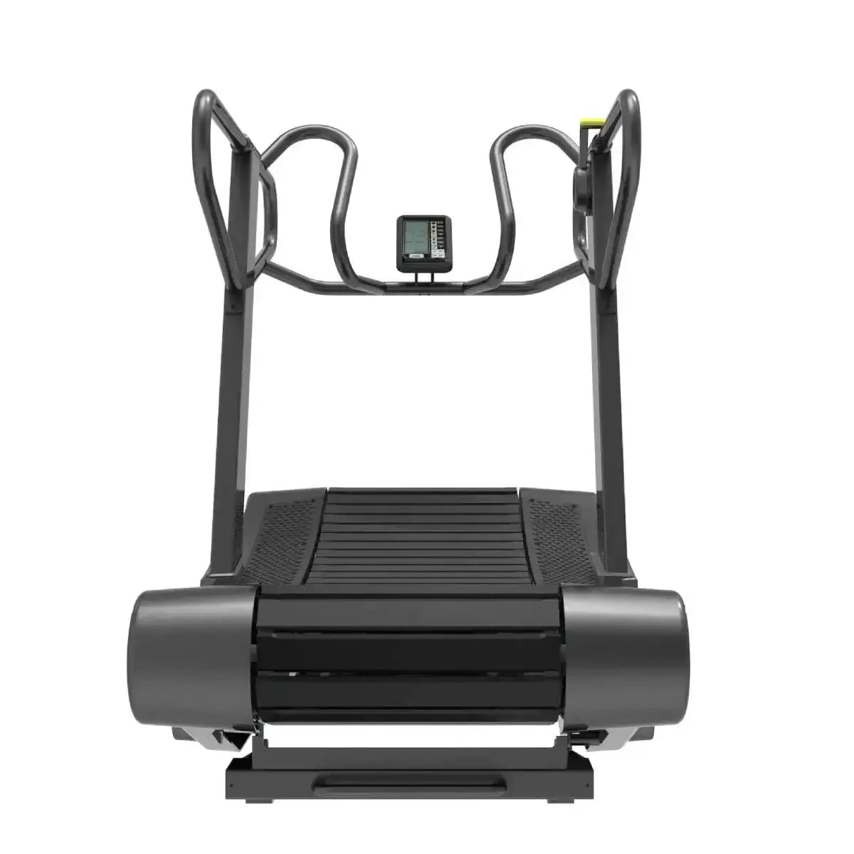 Titanium Strength Curved RS Laufband von vorne mit Haltebügeln, Display und gebogener Lamellen-Lauffläche in Schwarz