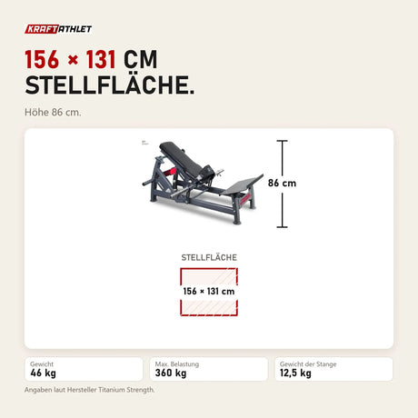 Maßbild Titanium Strength DHP360 Deluxe Hip Thrust: Stellfläche 156 × 131 cm, Höhe 86 cm