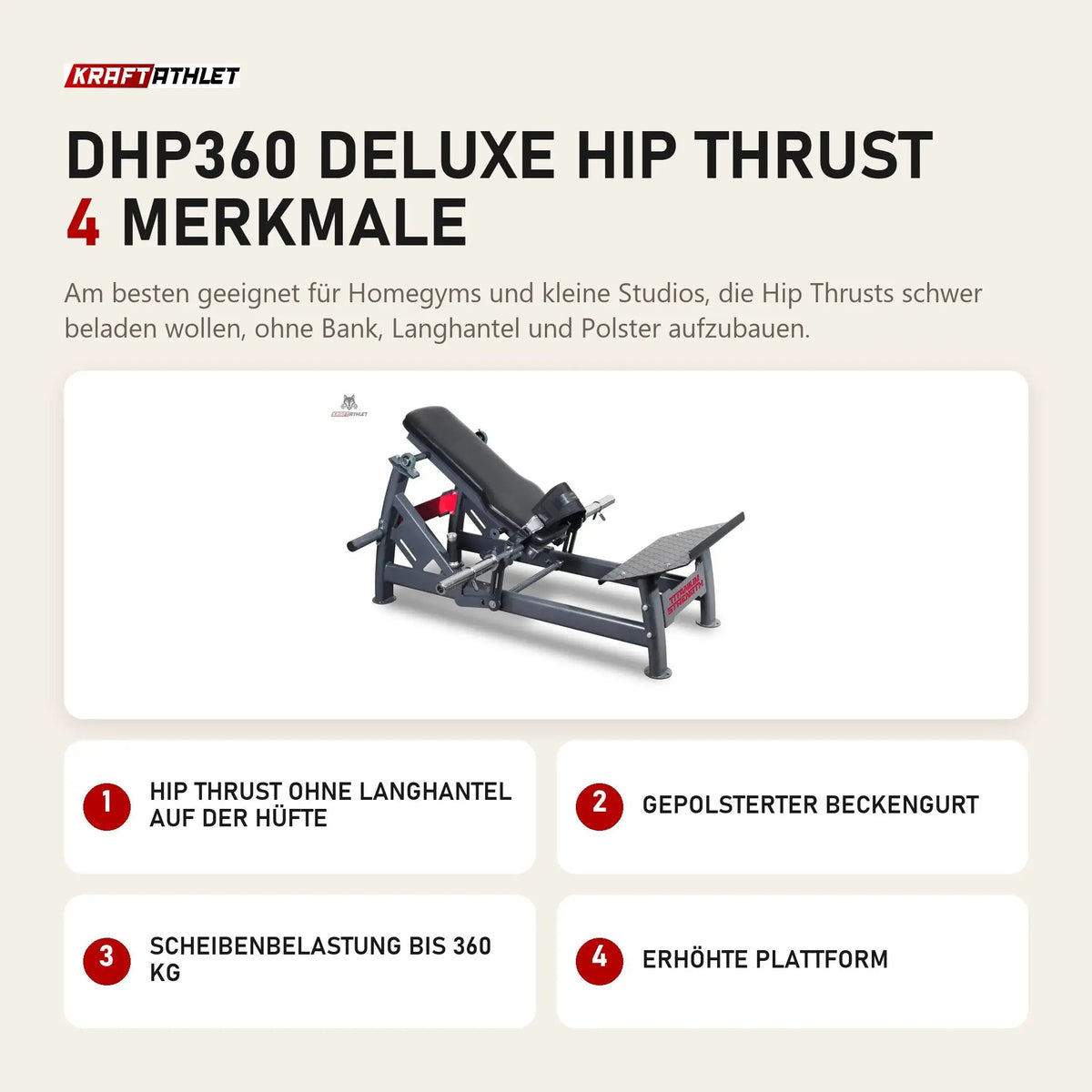 Titanium Strength DHP360 Deluxe Hip Thrust mit 4 Merkmalen: Hip Thrust ohne Langhantel auf der Hüfte, Gepolsterter Beckengurt, Scheibenbelastung bis 360 kg, Erhöhte Plattform
