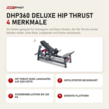 Titanium Strength DHP360 Deluxe Hip Thrust mit 4 Merkmalen: Hip Thrust ohne Langhantel auf der Hüfte, Gepolsterter Beckengurt, Scheibenbelastung bis 360 kg, Erhöhte Plattform