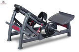 Titanium Strength DHP360 Deluxe Hip Thrust in Schrägansicht von hinten mit beladenen Hantelscheiben und Hüftgurt