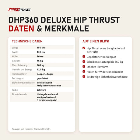 Technische Daten und Merkmale von Titanium Strength DHP360 Deluxe Hip Thrust als Tabelle