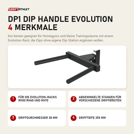 Titanium Strength DP1 Dip Handle Evolution mit 4 Merkmalen: Für die Evolution-Racks RH50 RH60 und RH70, Abgewinkelte Stangen für verschiedene Griffbreiten, Griffdurchmesser 38 mm, Grifftiefe 355 mm