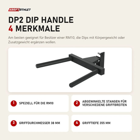 Titanium Strength DP2 Dip Handle mit 4 Merkmalen: Speziell für die RM10, Abgewinkelte Stangen für verschiedene Griffbreiten, Griffdurchmesser 38 mm, Grifftiefe 355 mm