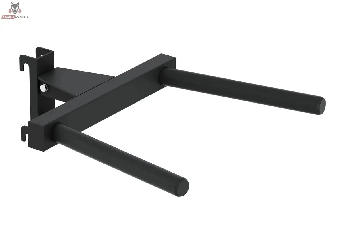 Titanium Strength DP2 Dip Handle in Schrägansicht von rechts mit Befestigungsplatte und zwei schwarzen Holmen