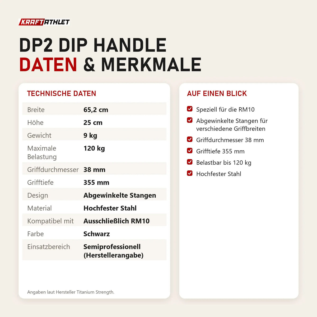 Technische Daten und Merkmale von Titanium Strength DP2 Dip Handle als Tabelle