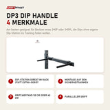 Titanium Strength DP3 Dip Handle mit 4 Merkmalen: Dip-Station direkt im Rack statt Extra-Gerät, Montage auf den Sicherheitsarmen, Griffabstand 50 cm oder 60 cm, Paralleler Griff