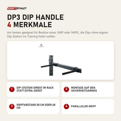 Titanium Strength DP3 Dip Handle mit 4 Merkmalen: Dip-Station direkt im Rack statt Extra-Gerät, Montage auf den Sicherheitsarmen, Griffabstand 50 cm oder 60 cm, Paralleler Griff
