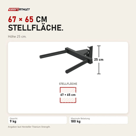 Maßbild Titanium Strength DP4 Dip Handle Attachment X Line: Stellfläche 67 × 65 cm, Höhe 25 cm