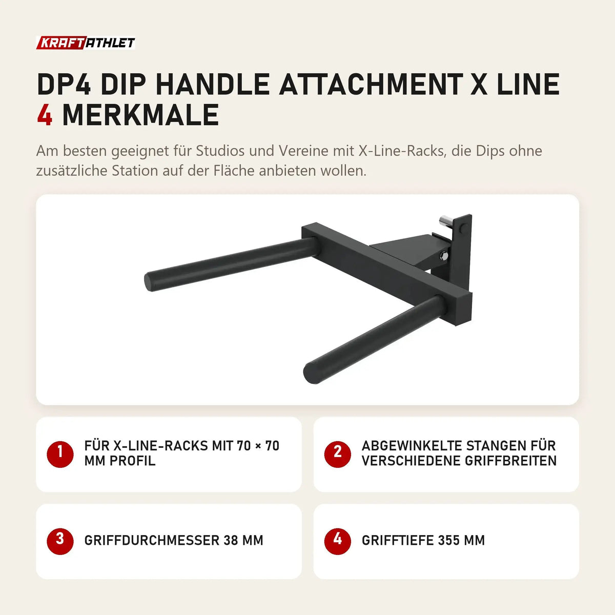 Titanium Strength DP4 Dip Handle Attachment X Line mit 4 Merkmalen: Für X-Line-Racks mit 70 × 70 mm Profil, Abgewinkelte Stangen für verschiedene Griffbreiten, Griffdurchmesser 38 mm, Grifftiefe 355 mm