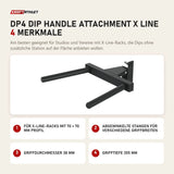 Titanium Strength DP4 Dip Handle Attachment X Line mit 4 Merkmalen: Für X-Line-Racks mit 70 × 70 mm Profil, Abgewinkelte Stangen für verschiedene Griffbreiten, Griffdurchmesser 38 mm, Grifftiefe 355 mm