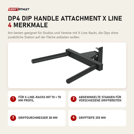 Titanium Strength DP4 Dip Handle Attachment X Line mit 4 Merkmalen: Für X-Line-Racks mit 70 × 70 mm Profil, Abgewinkelte Stangen für verschiedene Griffbreiten, Griffdurchmesser 38 mm, Grifftiefe 355 mm