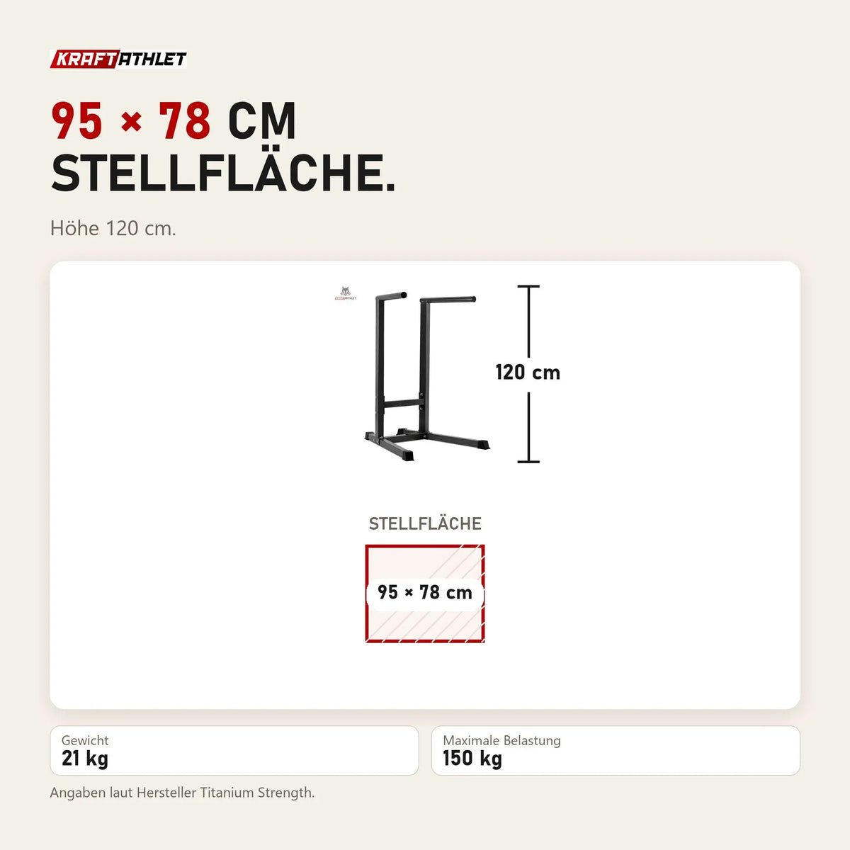 Maßbild Titanium Strength DS100 Dips-Station: Stellfläche 95 × 78 cm, Höhe 120 cm