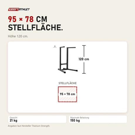 Maßbild Titanium Strength DS100 Dips-Station: Stellfläche 95 × 78 cm, Höhe 120 cm