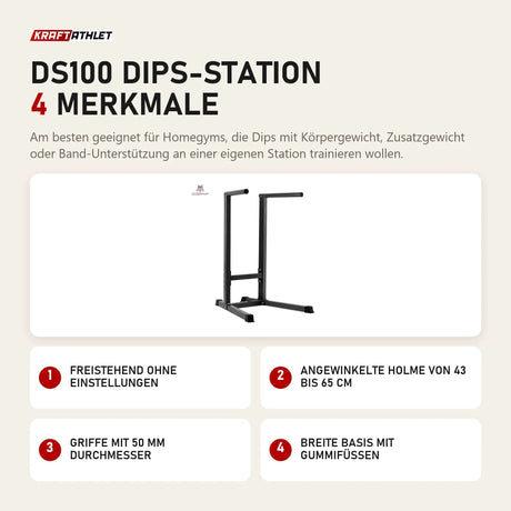 Titanium Strength DS100 Dips-Station mit 4 Merkmalen: Freistehend ohne Einstellungen, Angewinkelte Holme von 43 bis 65 cm, Griffe mit 50 mm Durchmesser, Breite Basis mit Gummifüßen