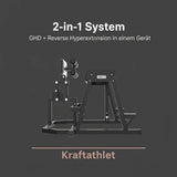 Titanium Strength Elite Series 2-in-1 GHD & Reverse Hyperextension als Infografik zum 2-in-1 System auf dunklem Hintergrund