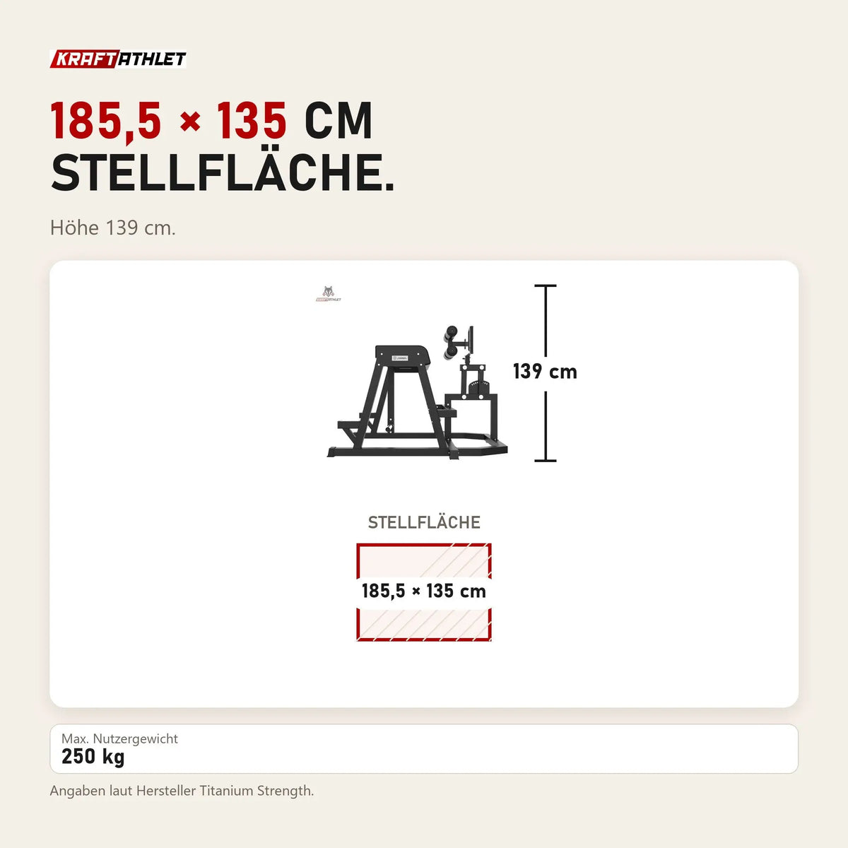 Maßbild Titanium Strength Elite Series 2-in-1 GHD & Reverse Hyperextension: Stellfläche 185,5 × 135 cm, Höhe 139 cm