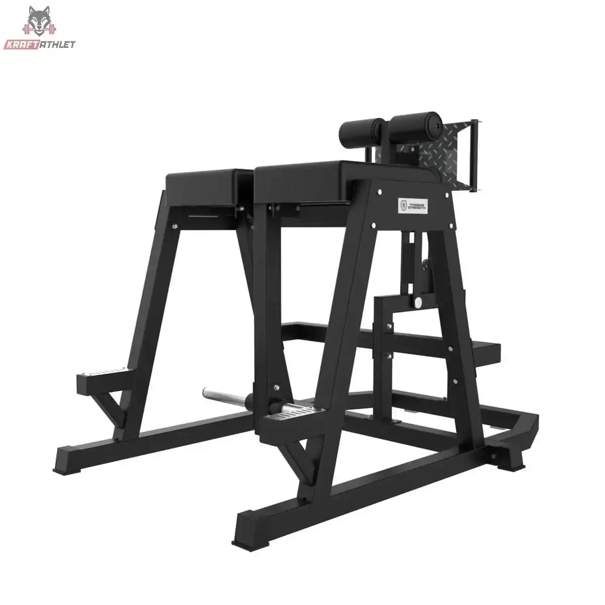 Titanium Strength Elite Series 2-in-1 GHD & Reverse Hyperextension in Schrägansicht von hinten mit Polsterauflage und Bodenrahmen