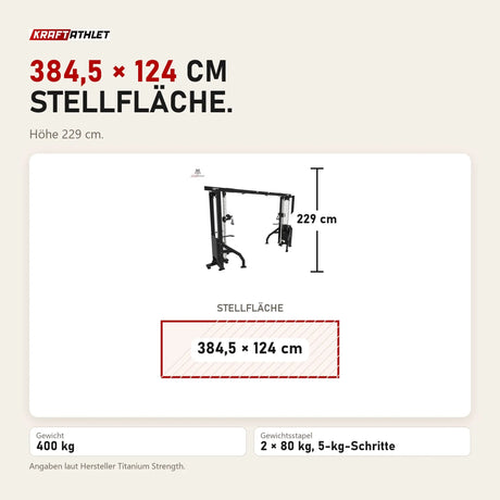 Maßbild Titanium Strength Elite Series 2-Station Cable Crossover: Stellfläche 384,5 × 124 cm, Höhe 229 cm