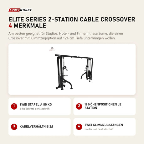Titanium Strength Elite Series 2-Station Cable Crossover mit 4 Merkmalen: Zwei Stapel à 80 kg, 17 Höhenpositionen je Station, Kabelverhältnis 2:1, Zwei Klimmzugstangen