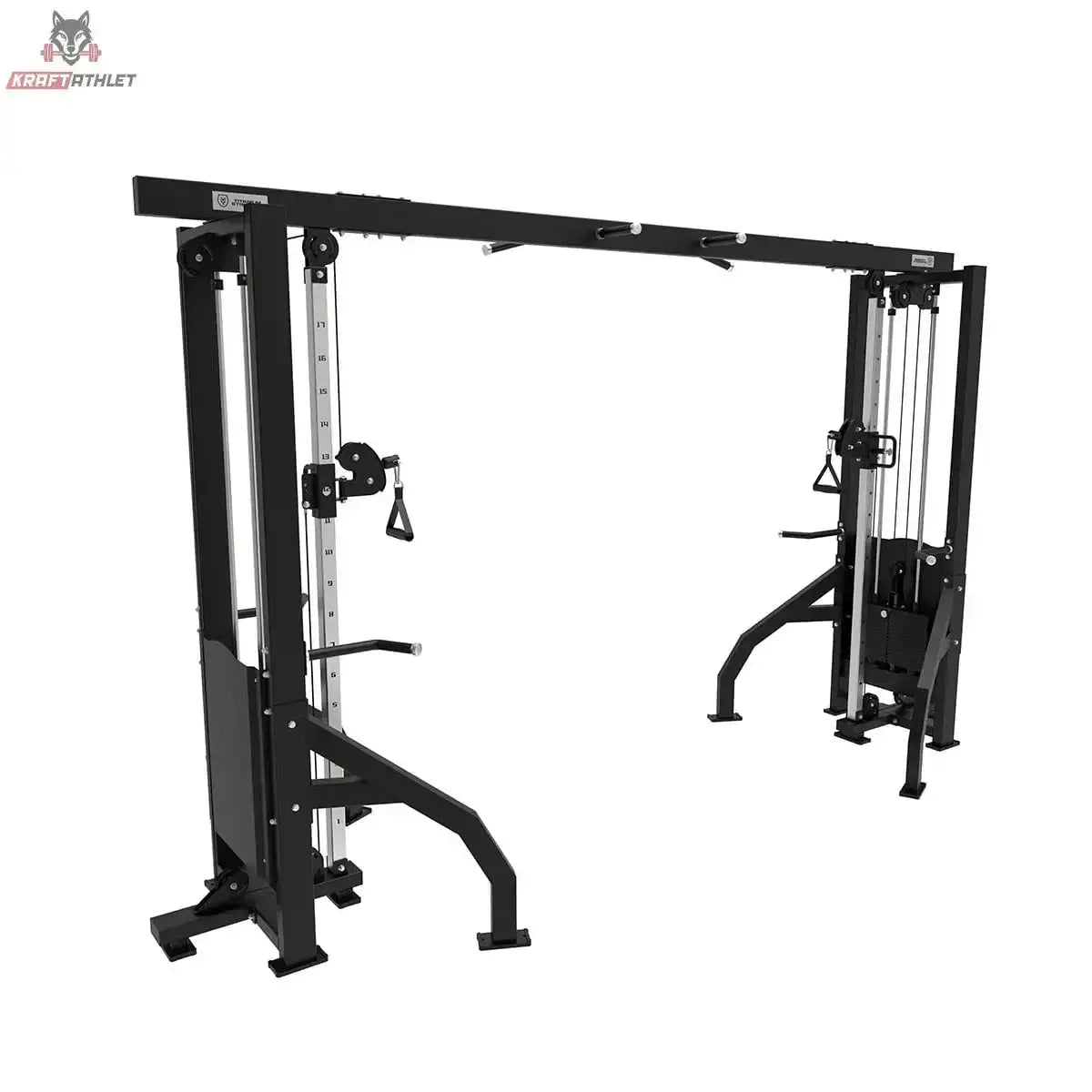 Titanium Strength Elite Series 2-Station Cable Crossover in Schrägansicht mit zwei Türmen und Querstrebe
