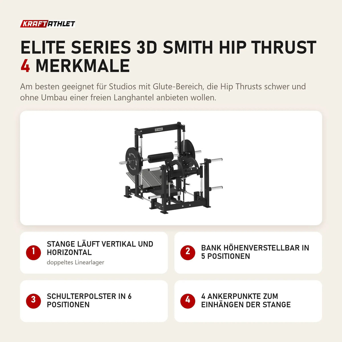 Titanium Strength Elite Series 3D Smith Hip Thrust mit 4 Merkmalen: Stange läuft vertikal und horizontal, Bank höhenverstellbar in 5 Positionen, Schulterpolster in 6 Positionen, 4 Ankerpunkte zum Einhängen der Stange