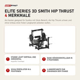 Titanium Strength Elite Series 3D Smith Hip Thrust mit 4 Merkmalen: Stange läuft vertikal und horizontal, Bank höhenverstellbar in 5 Positionen, Schulterpolster in 6 Positionen, 4 Ankerpunkte zum Einhängen der Stange