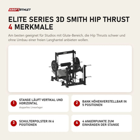 Titanium Strength Elite Series 3D Smith Hip Thrust mit 4 Merkmalen: Stange läuft vertikal und horizontal, Bank höhenverstellbar in 5 Positionen, Schulterpolster in 6 Positionen, 4 Ankerpunkte zum Einhängen der Stange