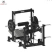Titanium Strength Elite Series 3D Smith Hip Thrust – Schrägansicht mit Hüftpolster, Schulterauflage und Hantelscheiben