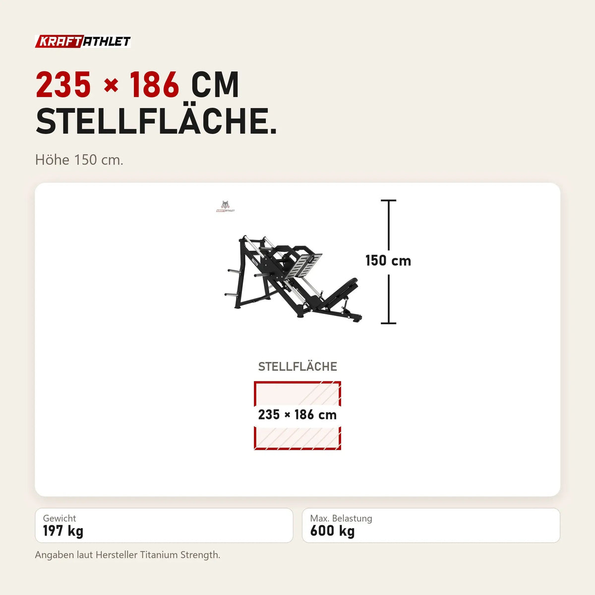 Maßbild Titanium Strength Elite Series 45-Grad-Beinpresse: Stellfläche 235 × 186 cm, Höhe 150 cm
