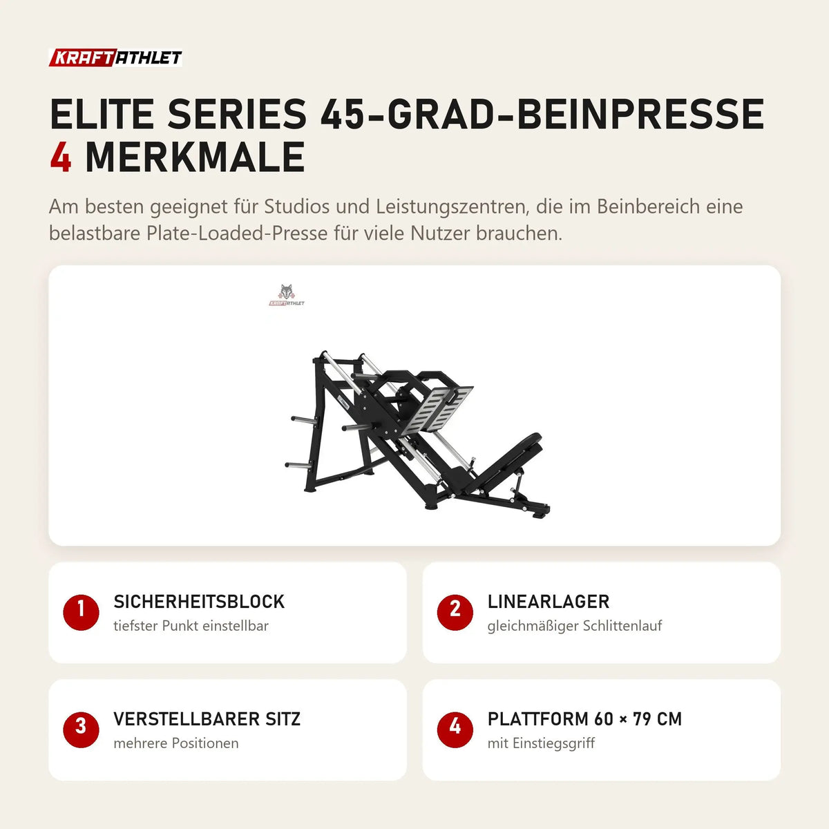Titanium Strength Elite Series 45-Grad-Beinpresse mit 4 Merkmalen: Sicherheitsblock, Linearlager, Verstellbarer Sitz, Plattform 60 × 79 cm