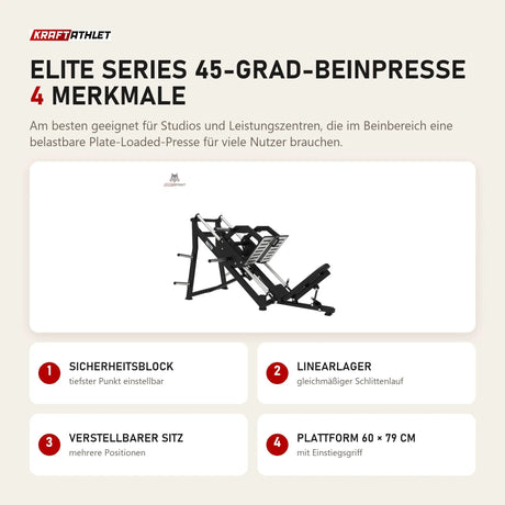 Titanium Strength Elite Series 45-Grad-Beinpresse mit 4 Merkmalen: Sicherheitsblock, Linearlager, Verstellbarer Sitz, Plattform 60 × 79 cm