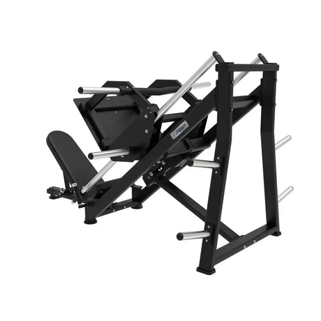 Titanium Strength Elite Series 45-Grad-Beinpresse – Schrägansicht von oben auf Fußplatte und Führungsschienen