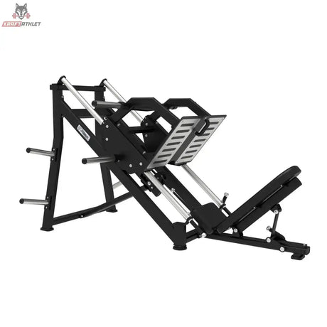 Titanium Strength Elite Series 45-Grad-Beinpresse – Schrägansicht mit Schlitten, Fußplatte und Scheibenhaltern