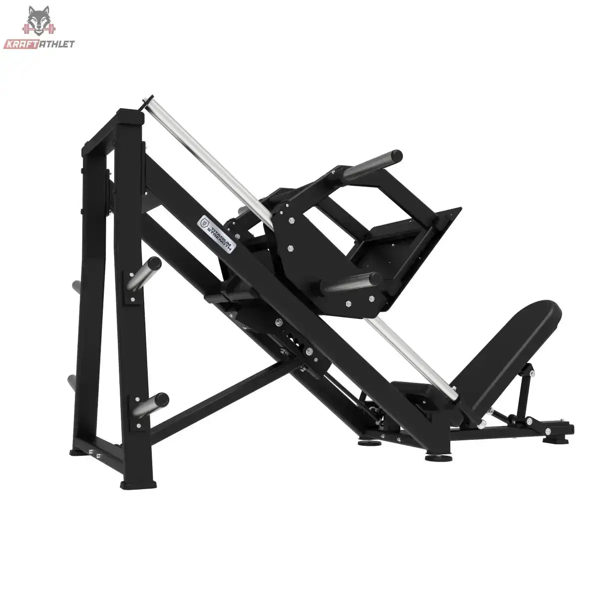 Titanium Strength Elite Series 45-Grad-Beinpresse – Seitenansicht mit Führungsschienen, Schlitten und Sitz
