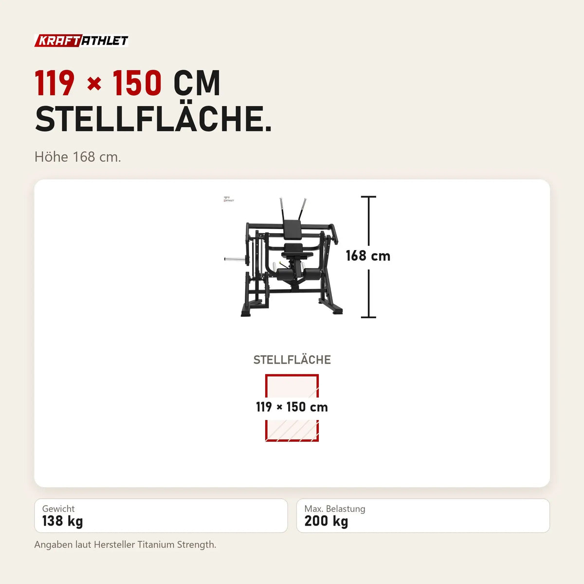 Maßbild Titanium Strength Elite Series Abdominal Crunch: Stellfläche 119 × 150 cm, Höhe 168 cm