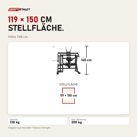 Maßbild Titanium Strength Elite Series Abdominal Crunch: Stellfläche 119 × 150 cm, Höhe 168 cm