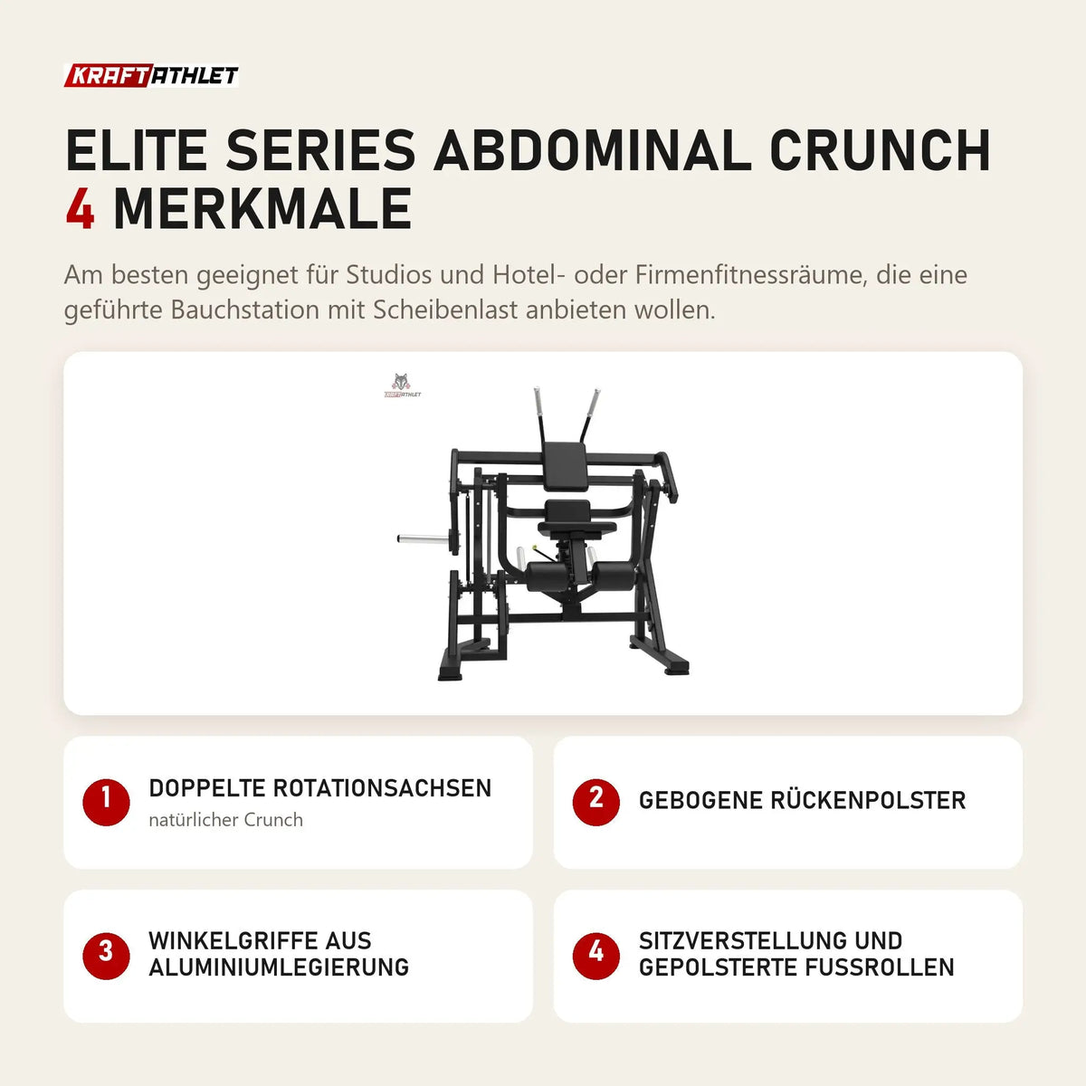 Titanium Strength Elite Series Abdominal Crunch mit 4 Merkmalen: Doppelte Rotationsachsen, Gebogene Rückenpolster, Winkelgriffe aus Aluminiumlegierung, Sitzverstellung und gepolsterte Fußrollen
