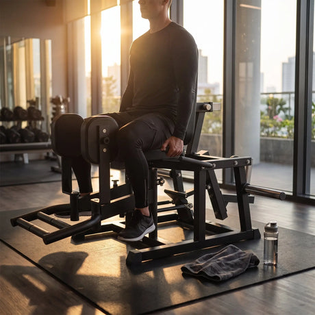 Titanium Strength Elite Series Abductor-Adductor im Einsatz: Person trainiert morgens in einem hellen Hotel-Fitnessraum
