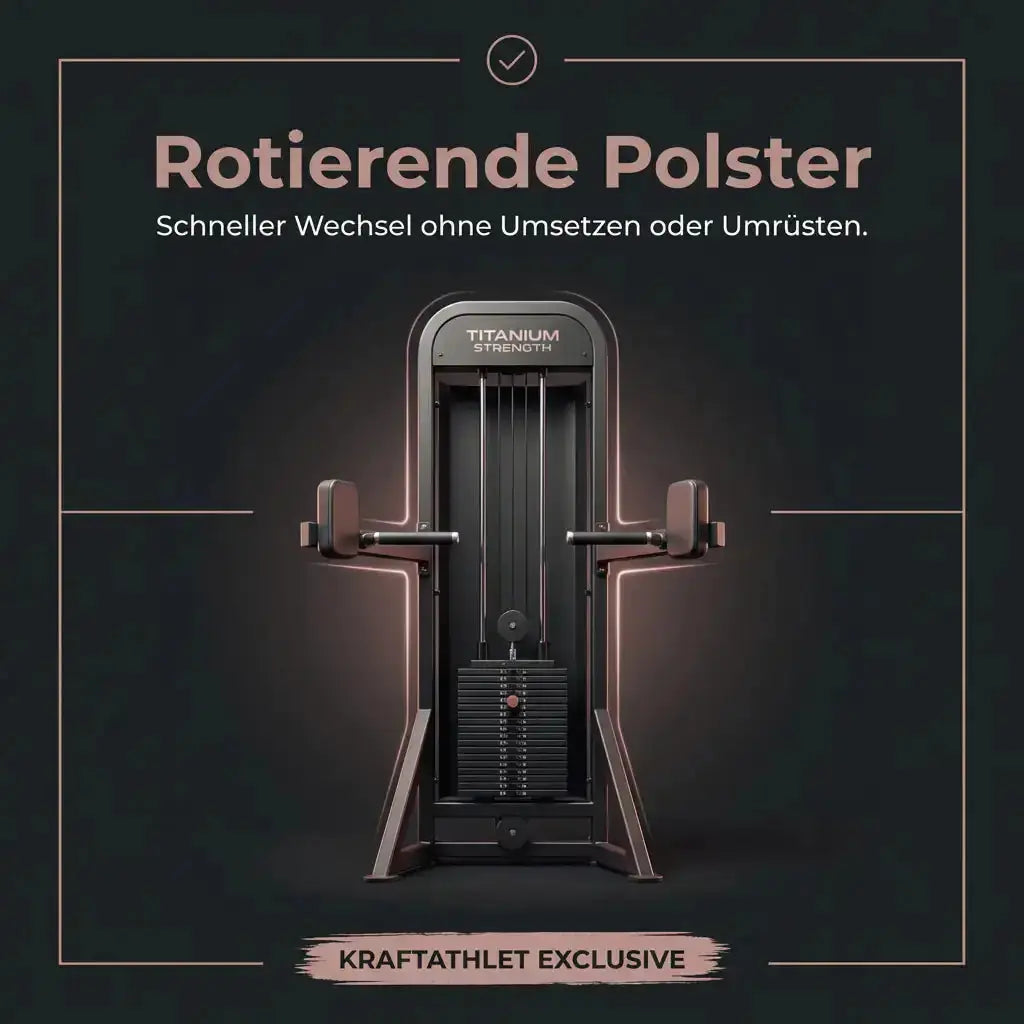 Titanium Strength Elite Series Abduktor-Adduktor – Grafik mit Frontansicht und Hinweis zu den rotierenden Polstern