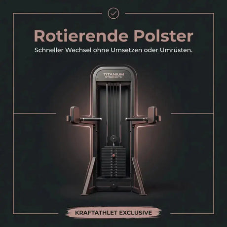 Titanium Strength Elite Series Abduktor-Adduktor – Grafik mit Frontansicht und Hinweis zu den rotierenden Polstern
