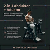 Titanium Strength Elite Series Abduktor-Adduktor – Grafik mit Mann beim Training und Hinweisen zur Verstellung